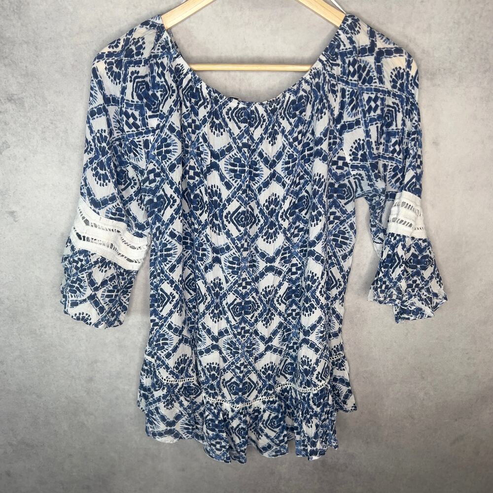 Blue White Boho Peplum Blouse Bell Sleeve Coastal Top Size M - Picture 2 of 4